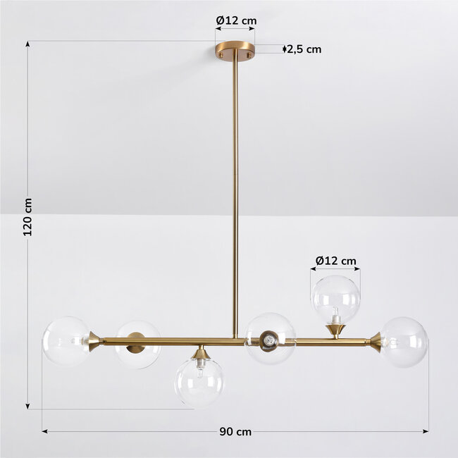 6-light pendant light Aster - gold with clear glass globes