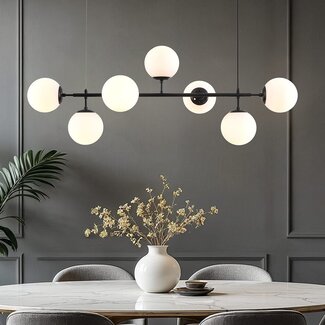 Designer pendant lamp with Black frame and opal white glass - Hepta