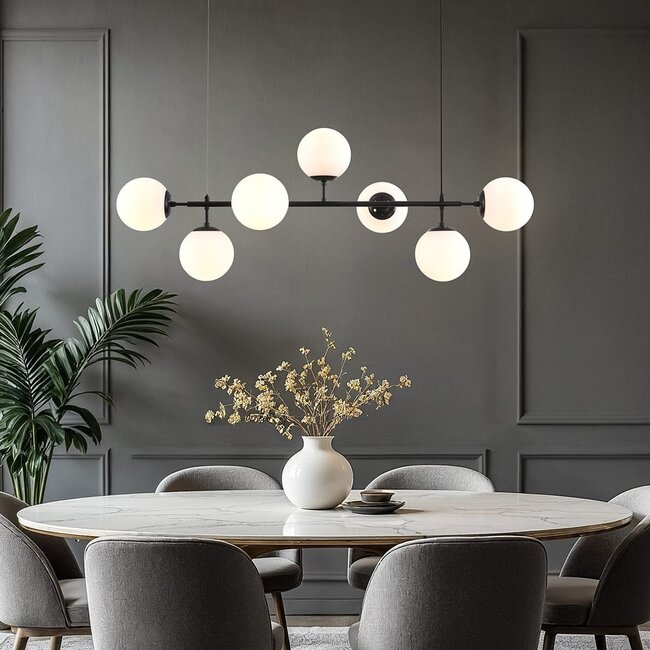 Designer pendant lamp with Black frame and opal white glass - Hepta