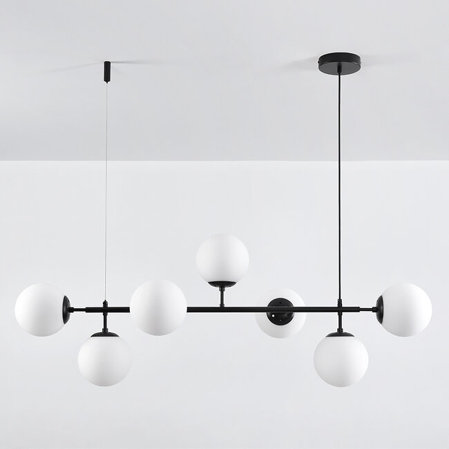 7-light pendant light Hepta - opal glass and black