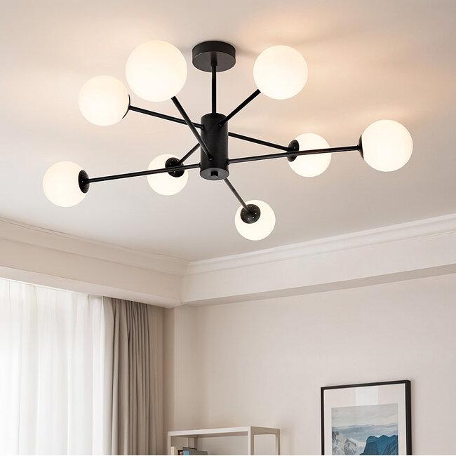 Designer Black ceiling lamp with opal white glass - 8-light Idaho