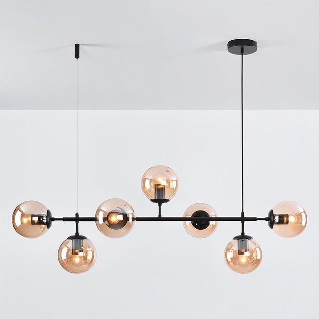 Designer pendant lamp with black frame and amber glass spheres - Hepta