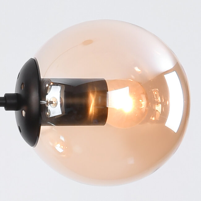 Designer pendant lamp with black frame and amber glass spheres - Hepta