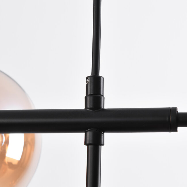 Designer pendant lamp with black frame and amber glass spheres - Hepta