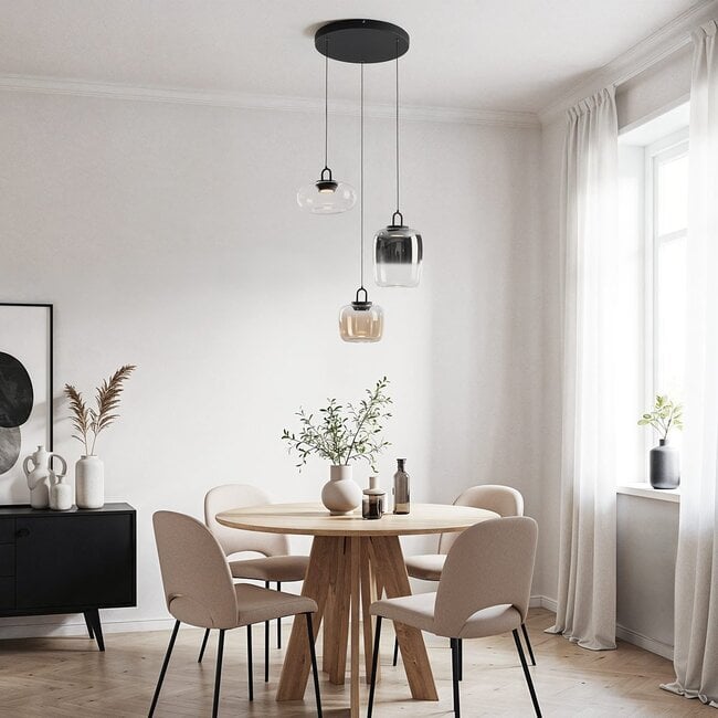 3-step dimmable 3-light Art Deco pendant light Ceylin - various glass colours