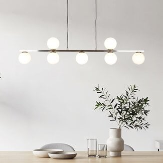 7-light pendant light Syv - milk-white glass globes