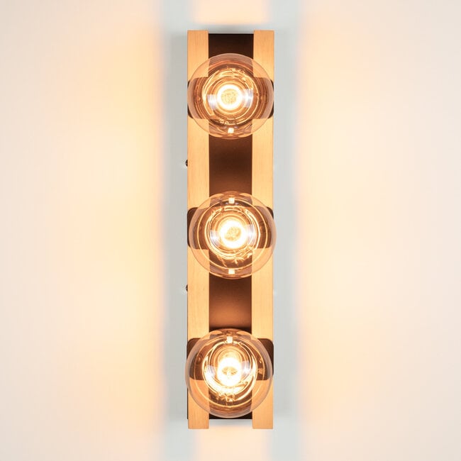 3-light wall lamp Nolan with wooden details - black and wood