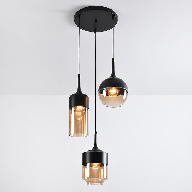 3-light pendant light Victor in amber glass - amber and black