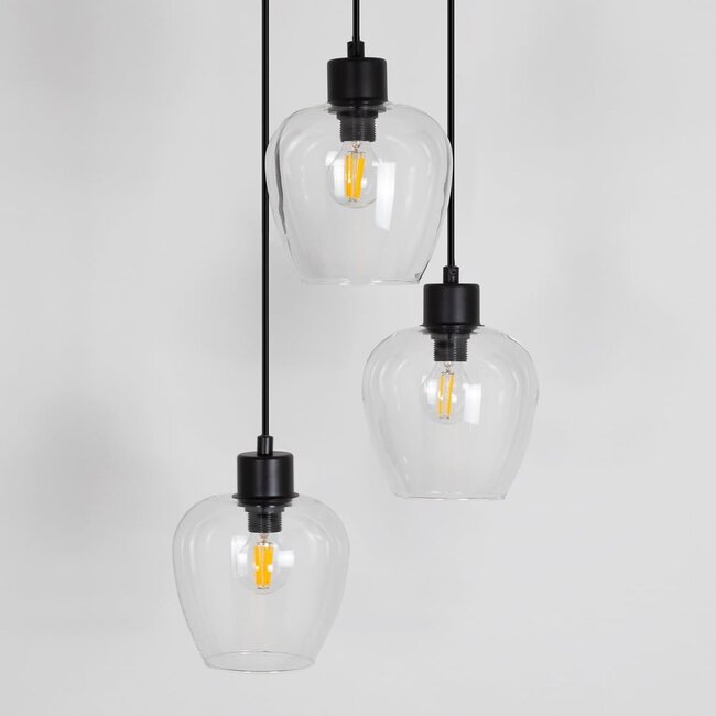 3-light pendant light Stockton - matt black with clear glass globes