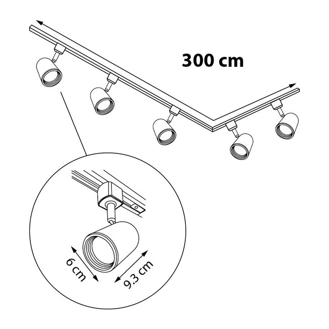 Modern 3-metre single-phase track lighting system with Collin spotlights - black ceiling lights