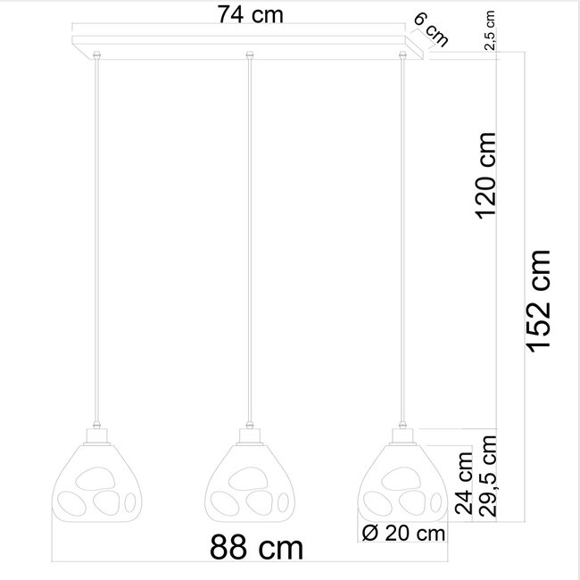 Rick pendant lamp with rose gold glass, 3-light