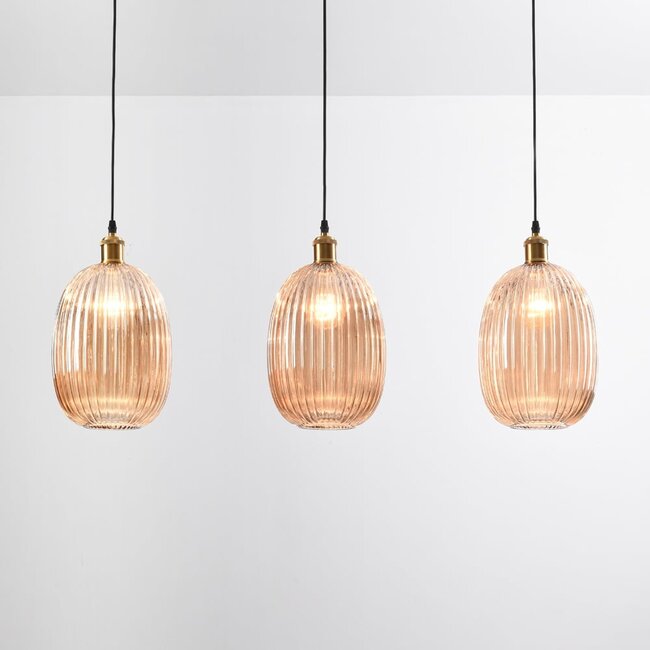 3-light pendant light Erin in ribbed amber glass