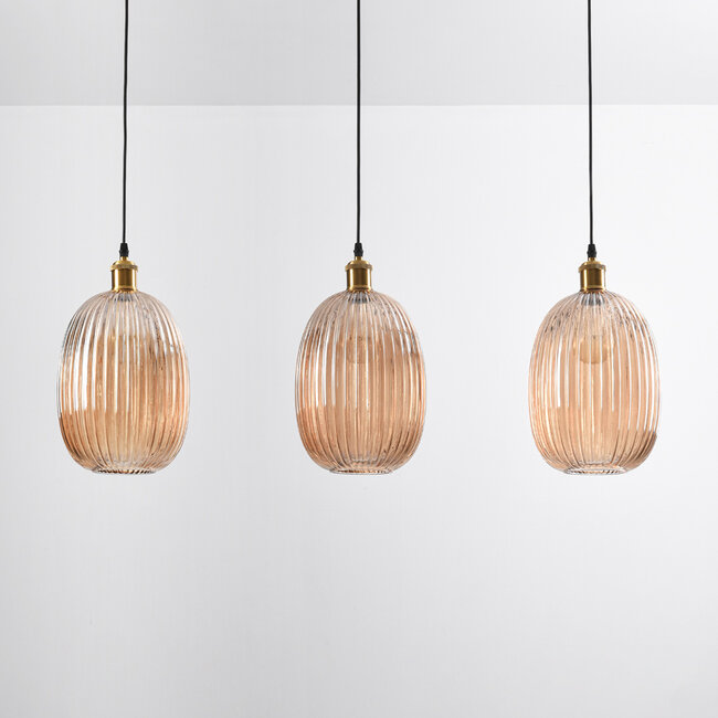 3-light pendant light Erin in ribbed amber glass