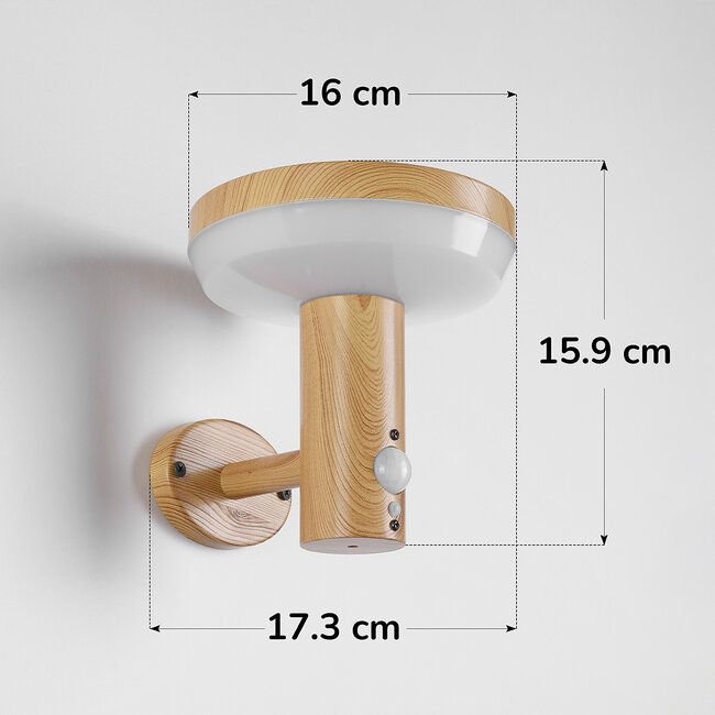 Modern solar outdoor wall light in wood effect with sensor - Dimmy