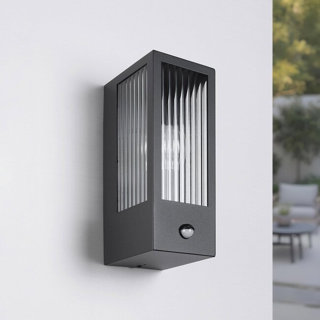 Outdoor wall light Amiens glass with ribbed detail and motion sensor