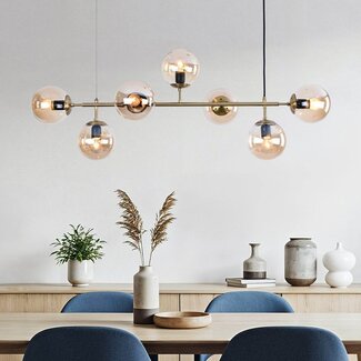 Designer pendant light Hepta with amber glass spheres