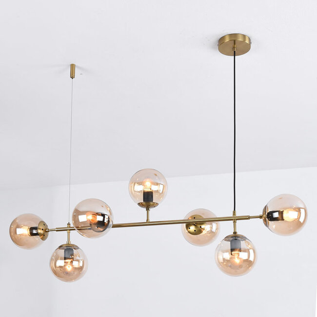 Designer pendant light Hepta with amber glass spheres