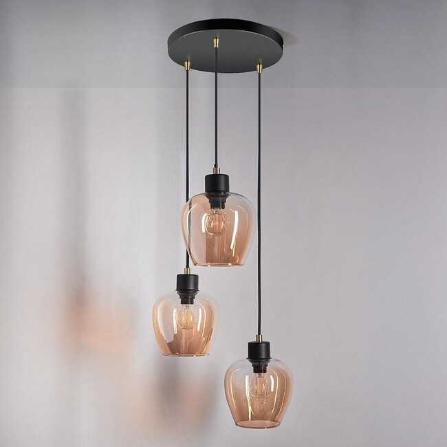 Design matt black and sand gold pendant lamp with Amber glass 3-light - Stockton