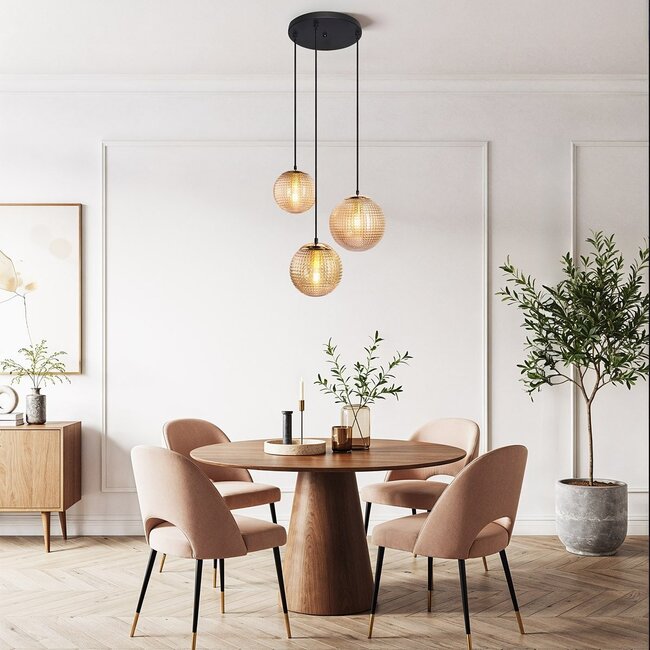 3-light designer pendant light Sila - ribbed amber glass