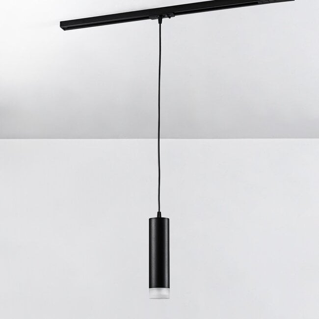 Luke 1-phase track tubular pendant light, black with matt diffuser