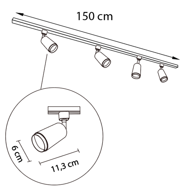 Modern single-phase track system 1.5 metre long with jade spotlights