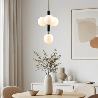 4-light pendant light Lennard with opal glass globes - black