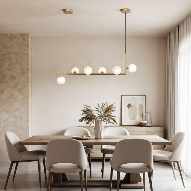 Designer pendant light Marcus with opal white glass, 6-light