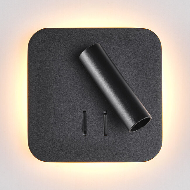 Square wall lamp with illuminated wall plate and swivelling spotlight - Sofian