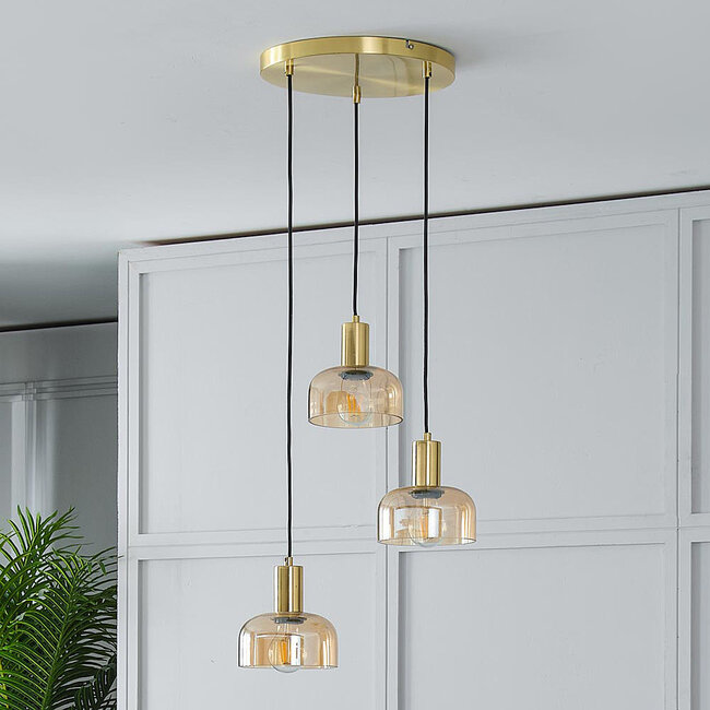 Golden pendant lamp with Amber glass, 3-light - Marrom