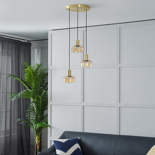 Golden pendant lamp with Amber glass, 3-light - Marrom
