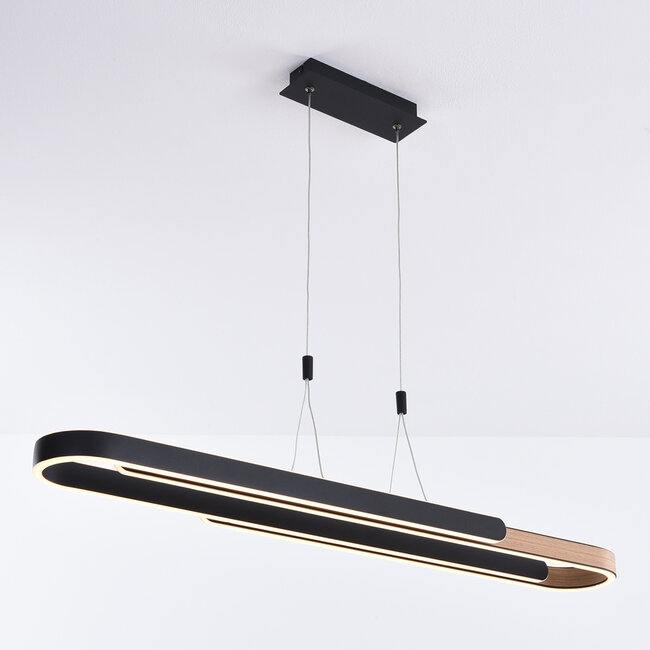 3-step dimmable design pendant light Lilia - black and wood veneer with integrated LED