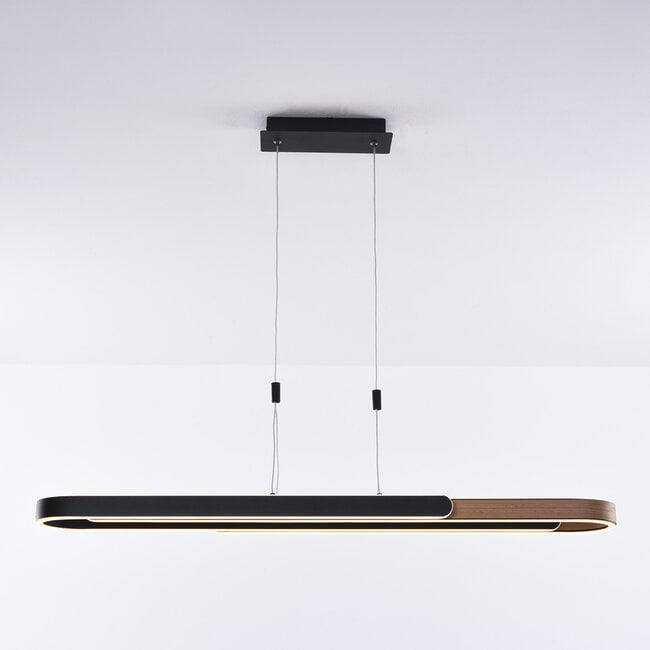 3-step dimmable design pendant light Lilia - black and wood veneer with integrated LED