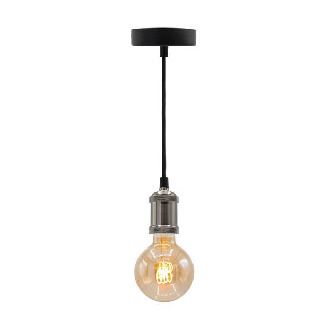 Modern silver cord pendant light incl. 5W XL bulb, Amber glass, 1800K, Ø95
