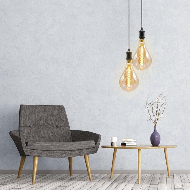 Modern Matt black cord pendants incl. 8.5W to 10W XXL bulb, Amber glass, 2000K, Ø160