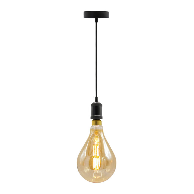 Modern Matt black cord pendants incl. 8.5W to 10W XXL bulb, Amber glass, 2000K, Ø160