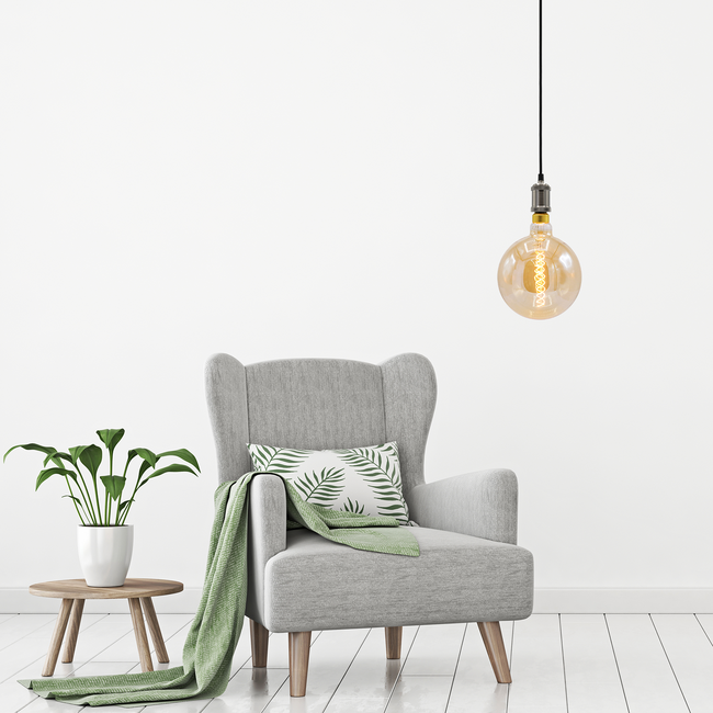 Modern silver cord pendant, 8.5–10W XXXL G200, amber bulb