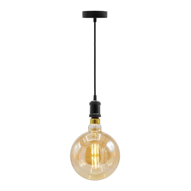 Modern matte-black cord pendant, 8.5–10W XXXL G200, amber bulb