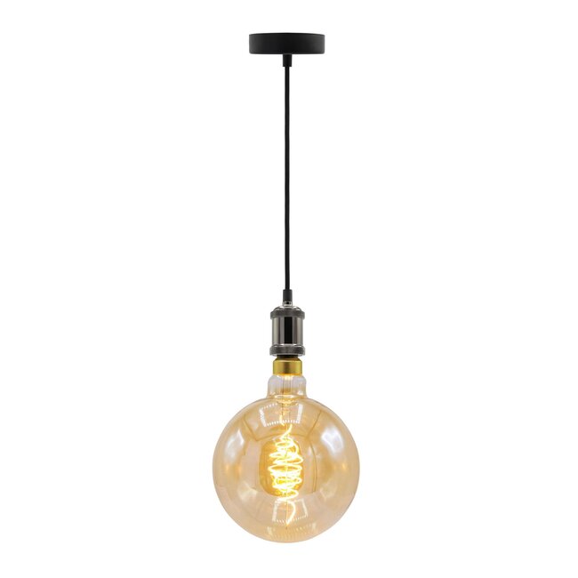 Modern glossy black cord pendant, 8.5–10W XXXL G200, amber bulb