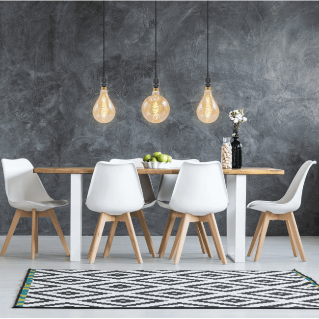 Industrial glossy black cord pendant, 8.5–10W XXXL G200, amber bulb