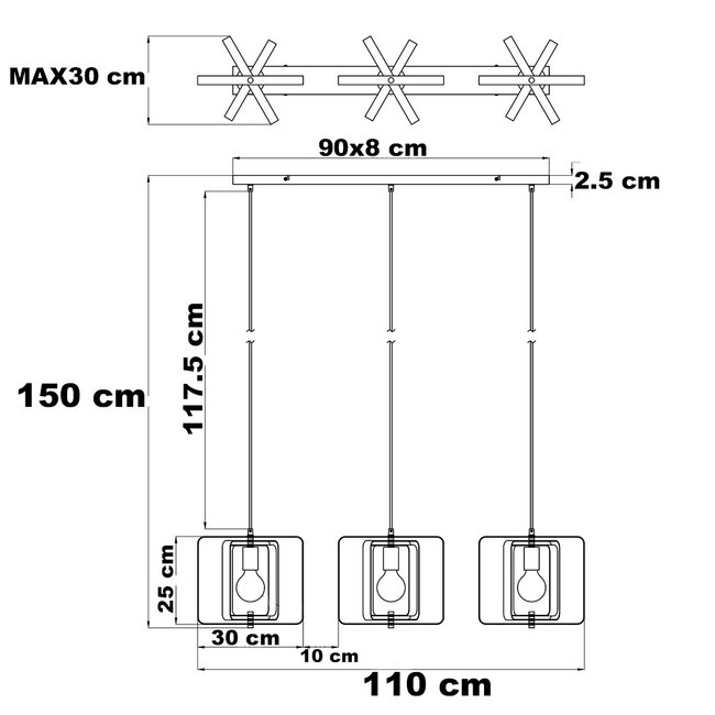 Industrial 3-light pendant light Maiko - black open frame
