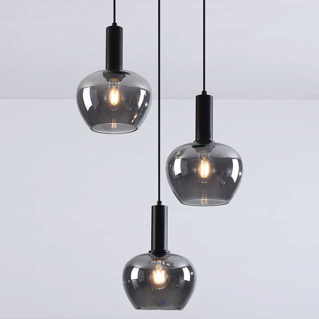 Modern Ismay pendant lamp with smoked glass, 3-light - black