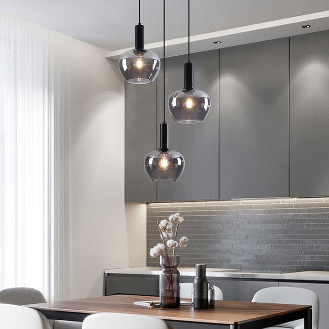 3-light pendant light Ismay - apple-shaped smoked glass, black