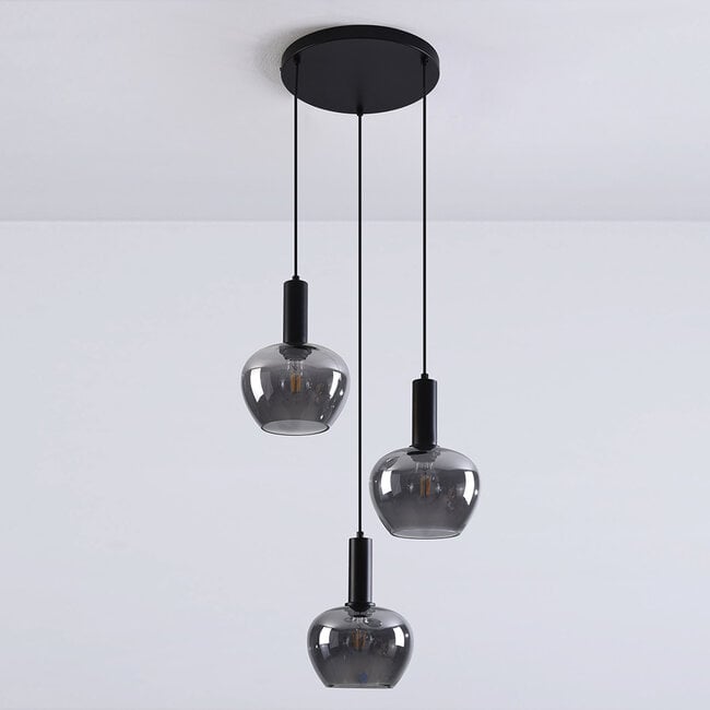 3-light pendant light Ismay - apple-shaped smoked glass, black