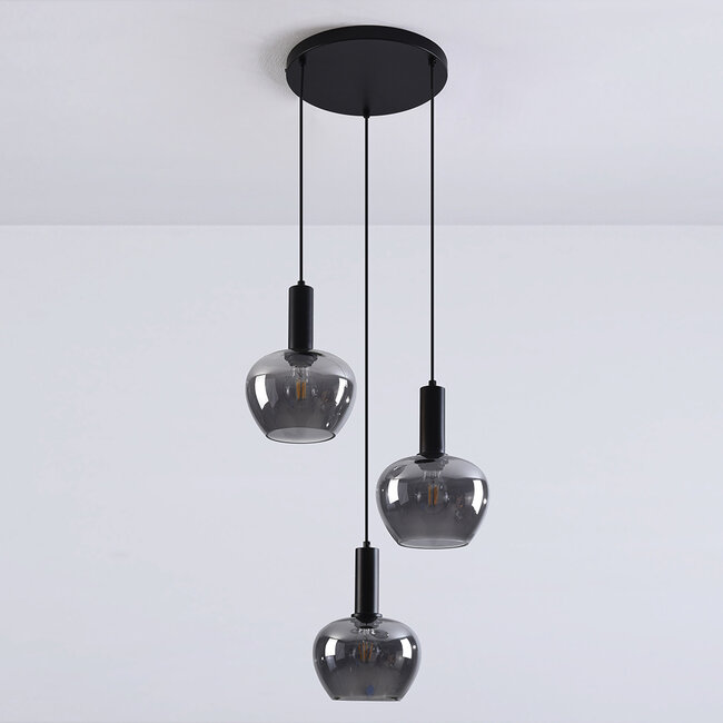 Modern Ismay pendant lamp with smoked glass, 3-light - black
