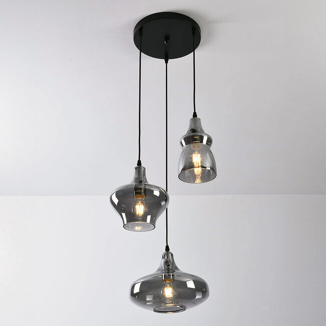 Black pendant lamp with smoked glass, 3-light - Trinidad