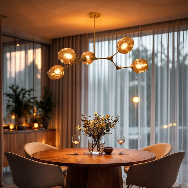 5-light pendant light Thelma - amber glass and gold