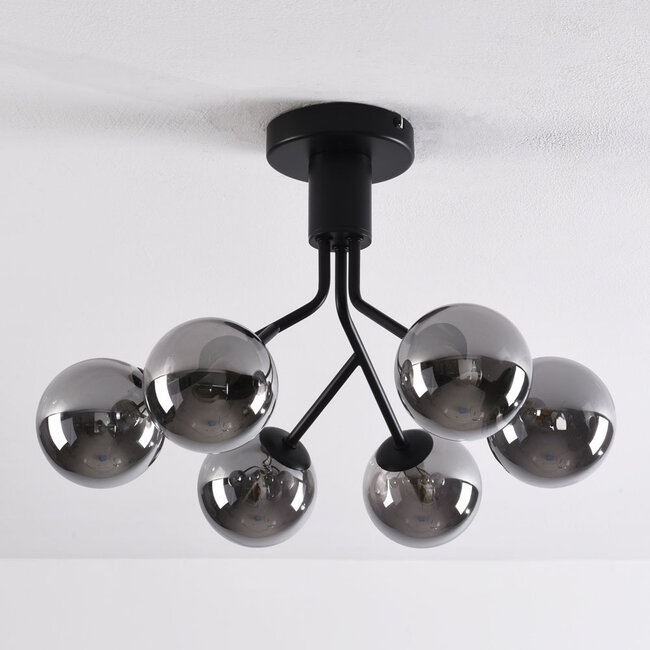 Black ceiling lamp with smoked glass and mirror effect, 6-light - Leon