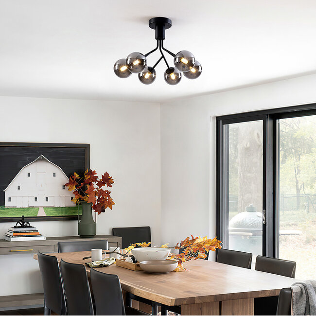 Black ceiling lamp with smoked glass and mirror effect, 6-light - Leon