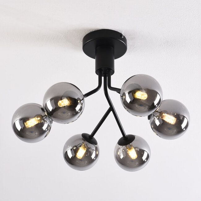 Black ceiling lamp with smoked glass and mirror effect, 6-light - Leon