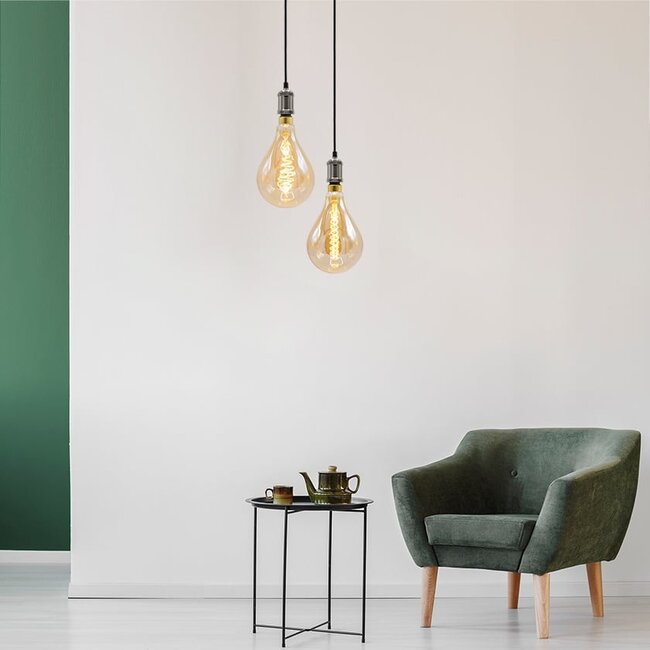 Modern silver cord pendants incl. 8.5W to 10W XXL bulb, Amber glass, 2000K, Ø160